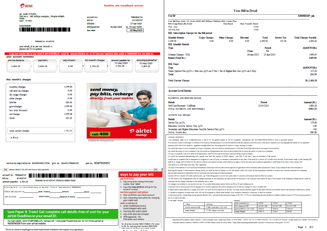 India airtel utility bill template in Word and PDF formats, 2 pages, version 2